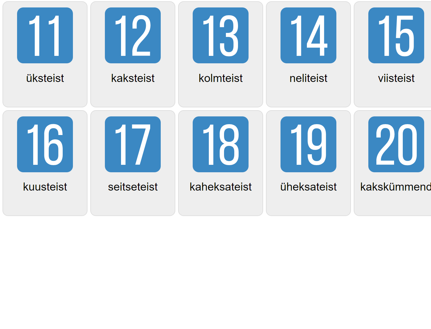 Числа 11-20 на эстонском языке