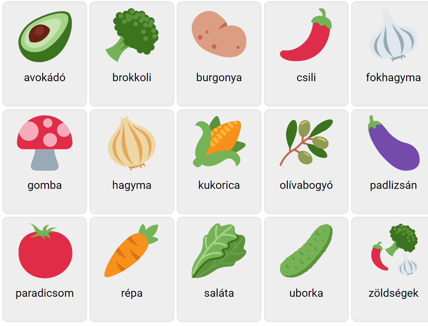 Vegetables in Hungarian
