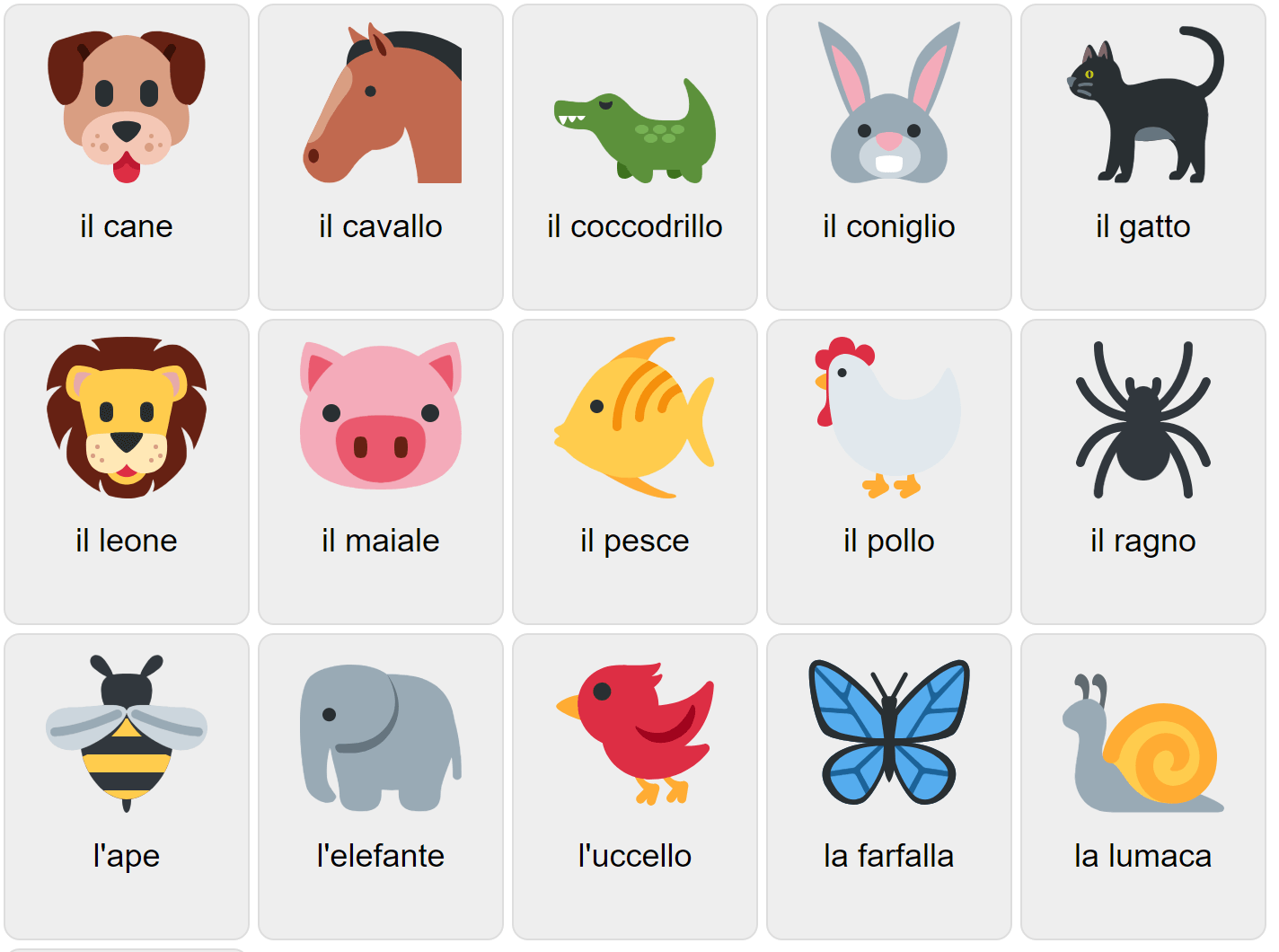 Animales en italiano