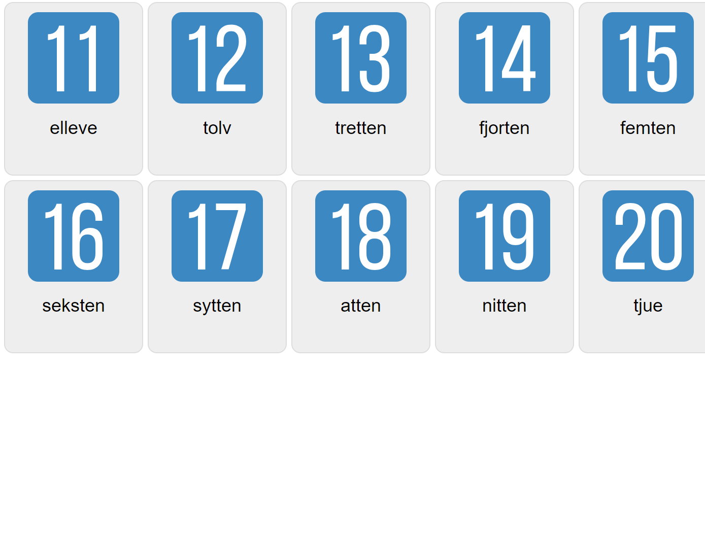 Numbers 11-20 in Norwegian