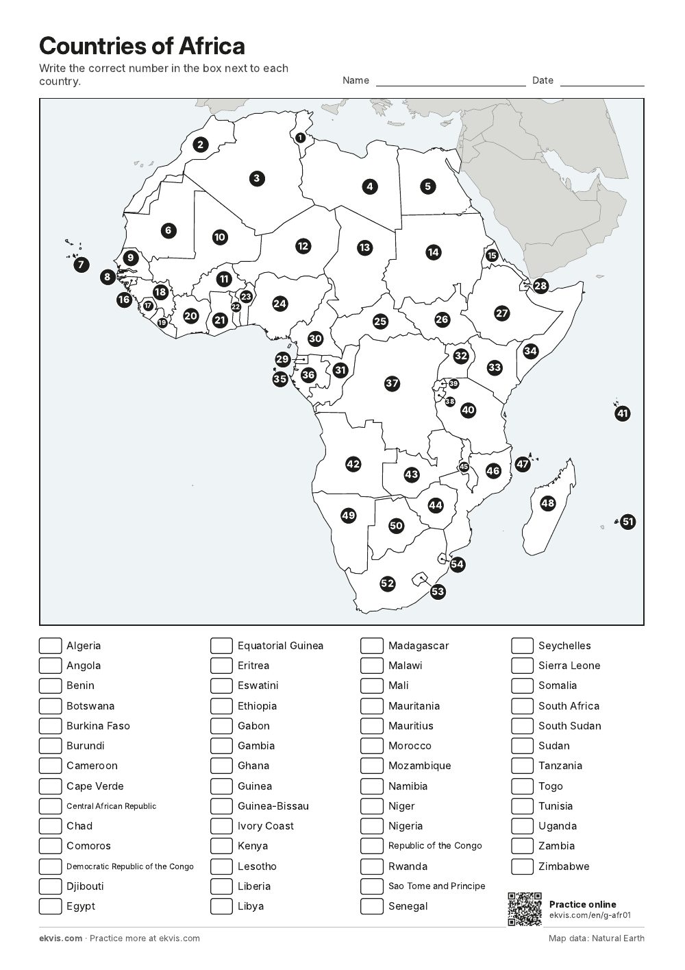 Map of Africa with numbered countries and a list of country names to match