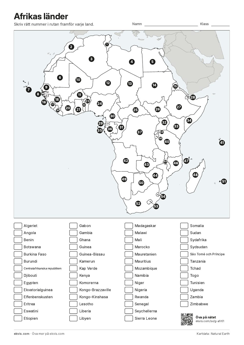 Karta över Afrika med numrerade länder och en lista med landnamn att para ihop