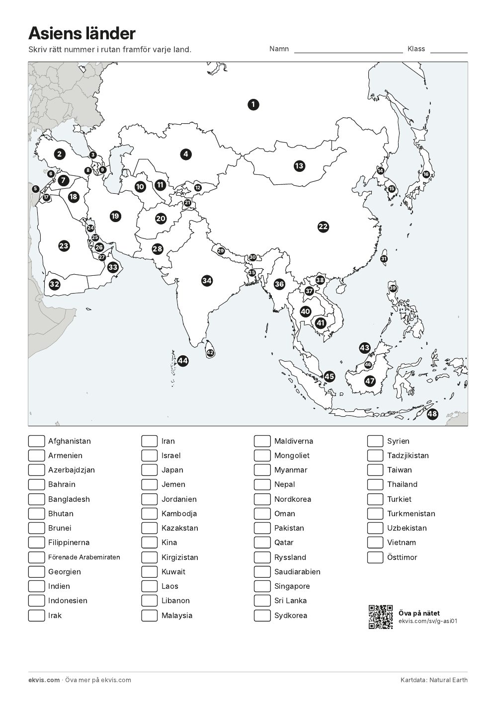 Karta över Asien med numrerade länder och en lista med landnamn att para ihop