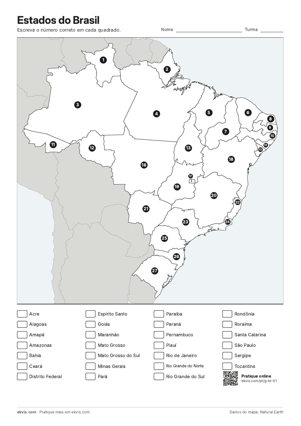 Mapa do Brasil com os estados numerados e uma lista de nomes para associar