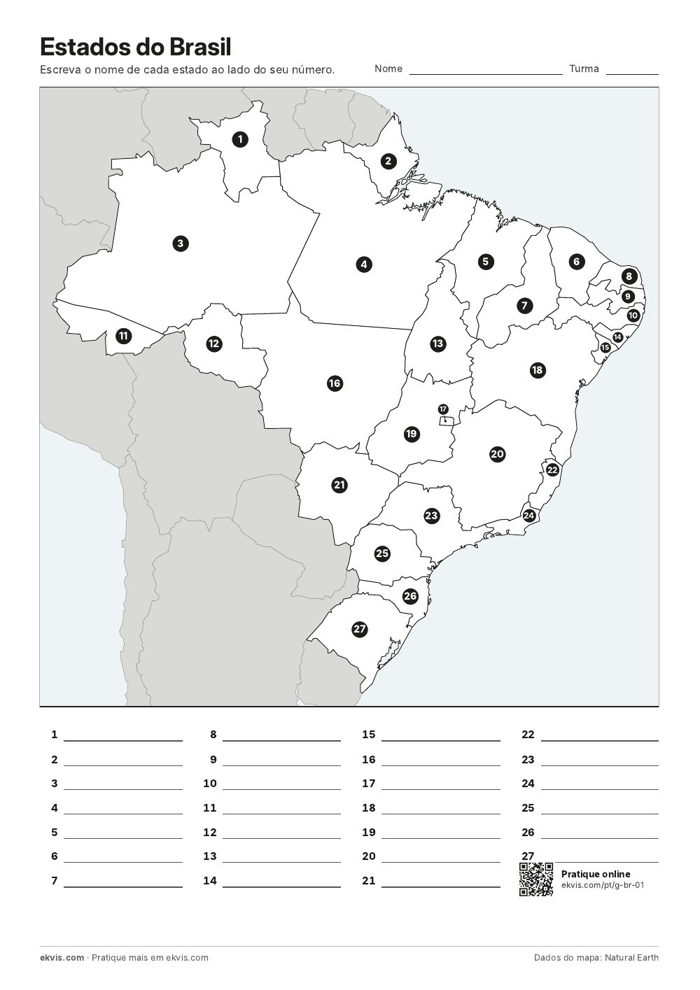 Mapa do Brasil com os estados numerados e linhas para escrever os nomes