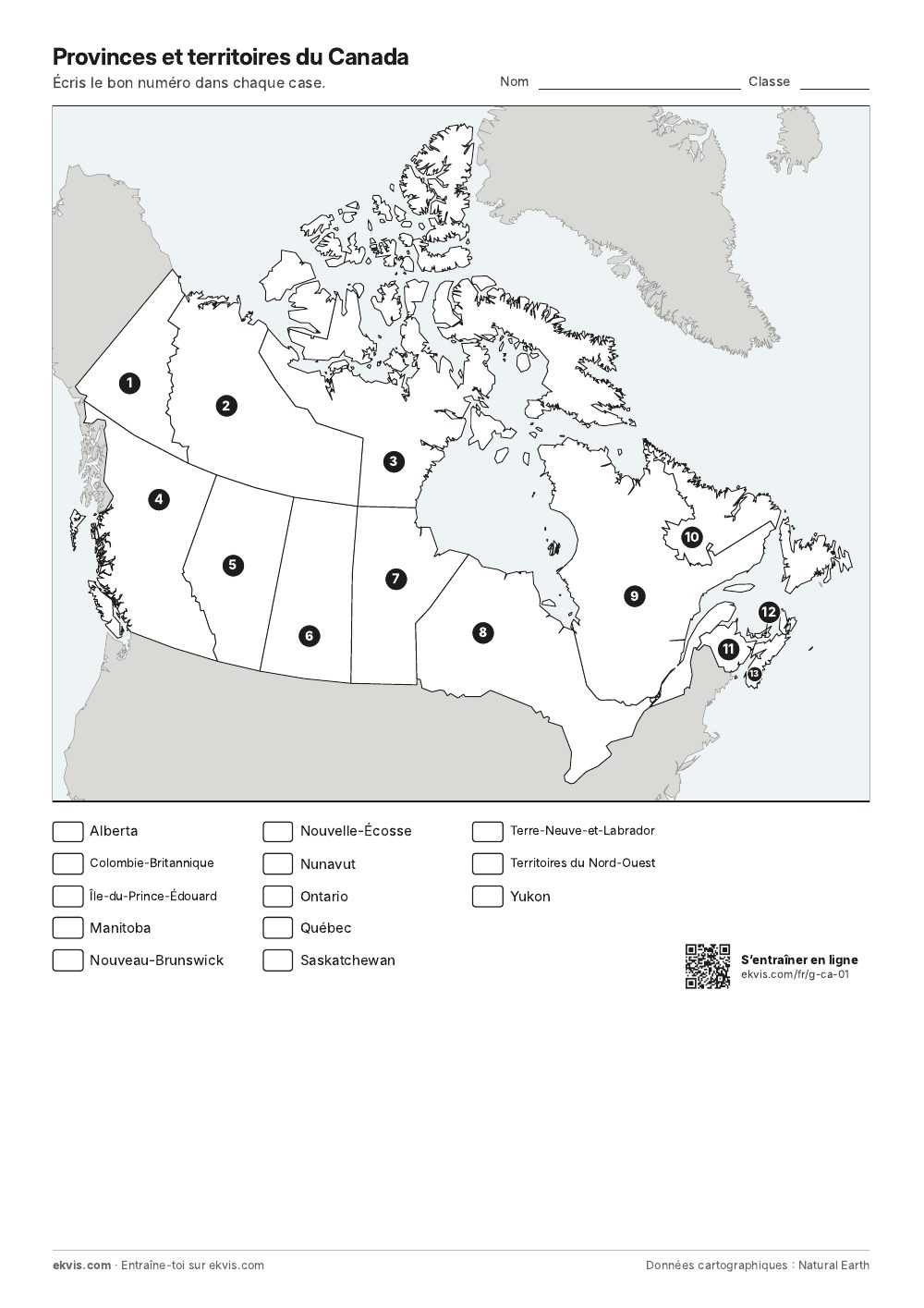 Carte du Canada avec les provinces et territoires numérotés et une liste de noms à associer