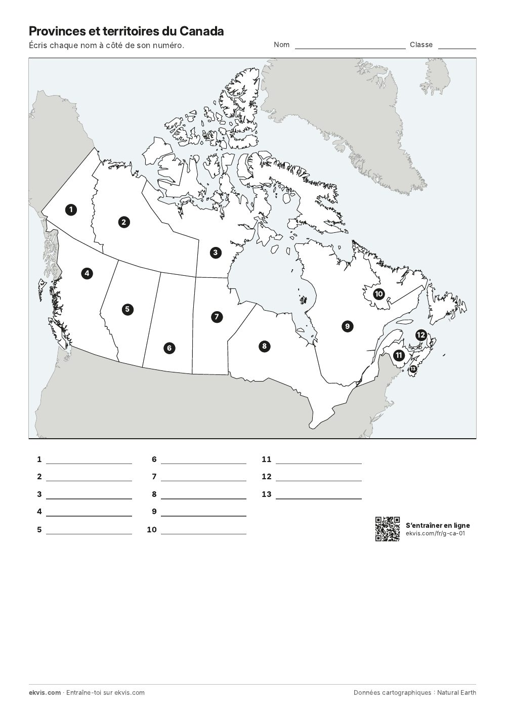 Carte du Canada avec les provinces et territoires numérotés et des lignes pour écrire les noms