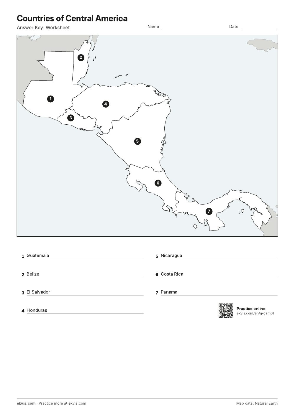 Answer key for the worksheet, with country names listed by number