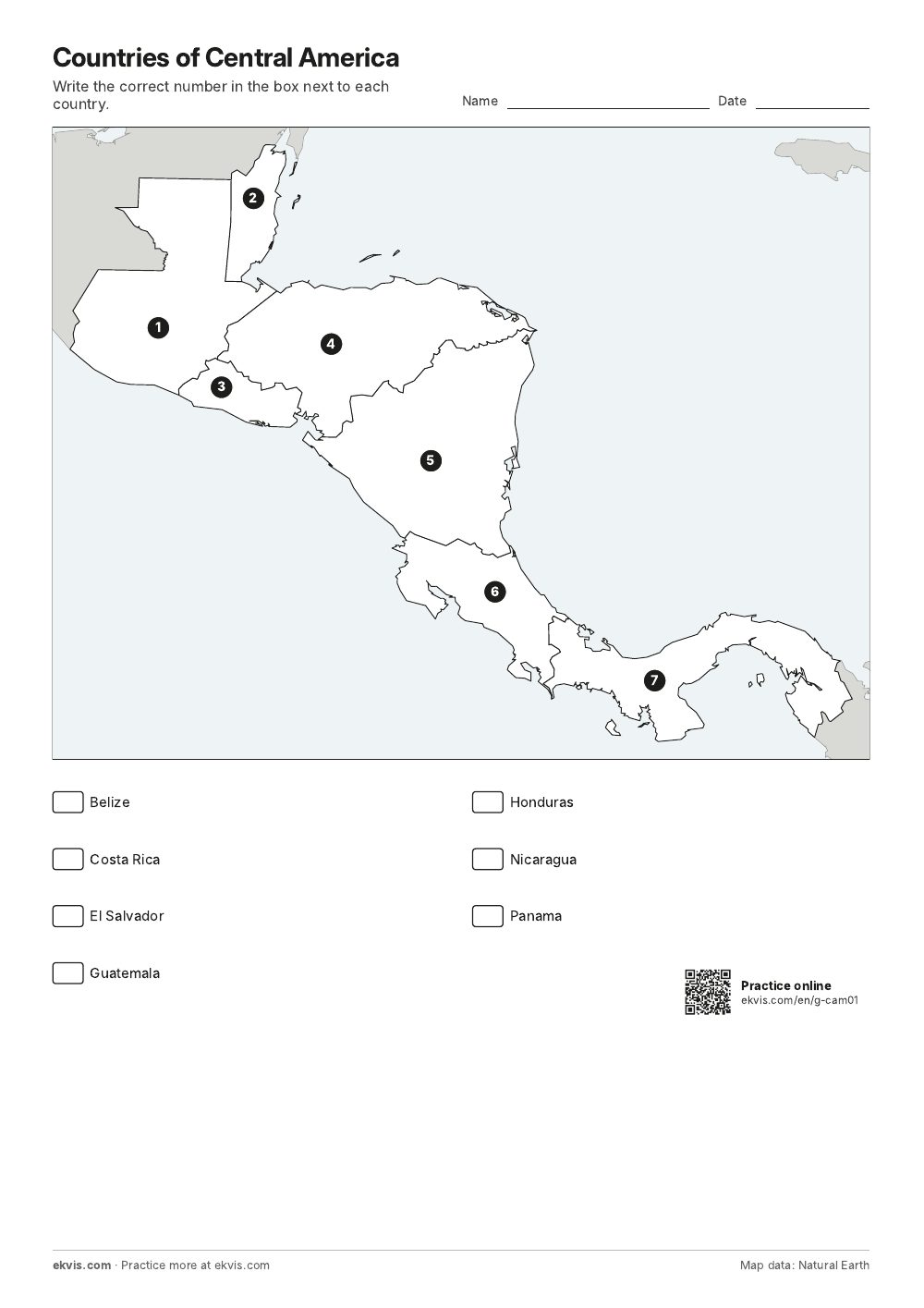 Map of Central America with numbered countries and a list of country names to match