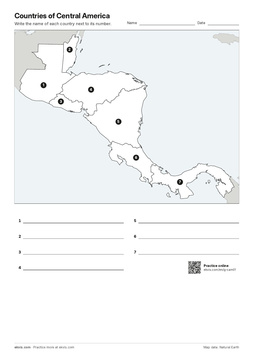 Map of Central America with numbered countries and lines for writing the names