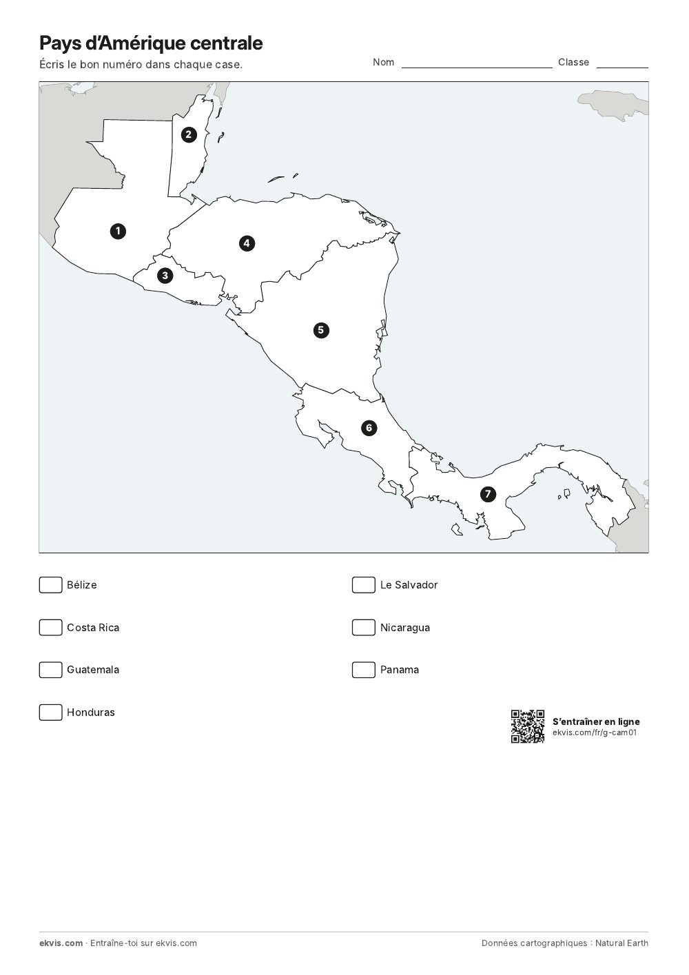 Carte de l’Amérique centrale avec les pays numérotés et une liste de noms à associer