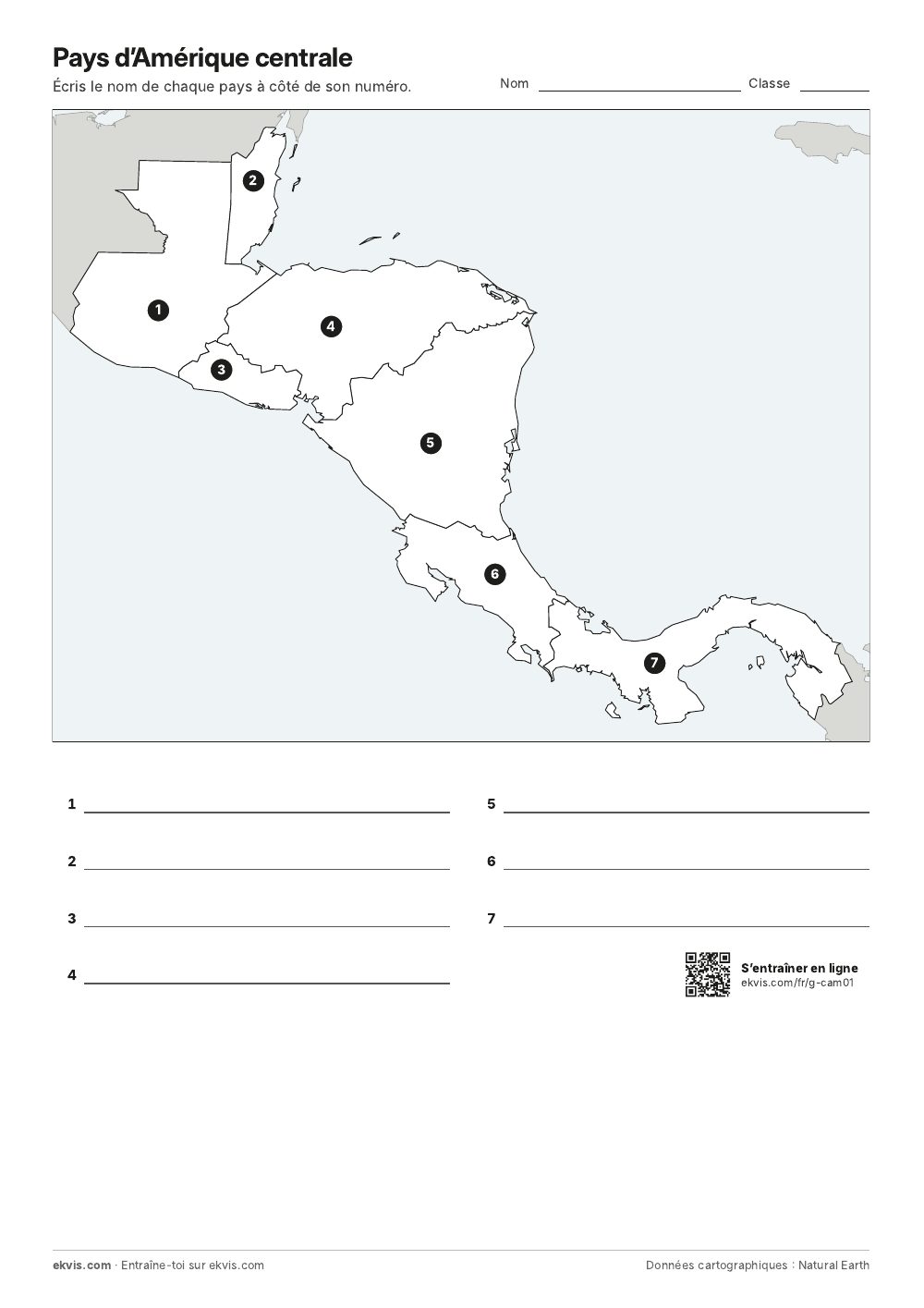 Carte de l’Amérique centrale avec les pays numérotés et des lignes pour écrire les noms