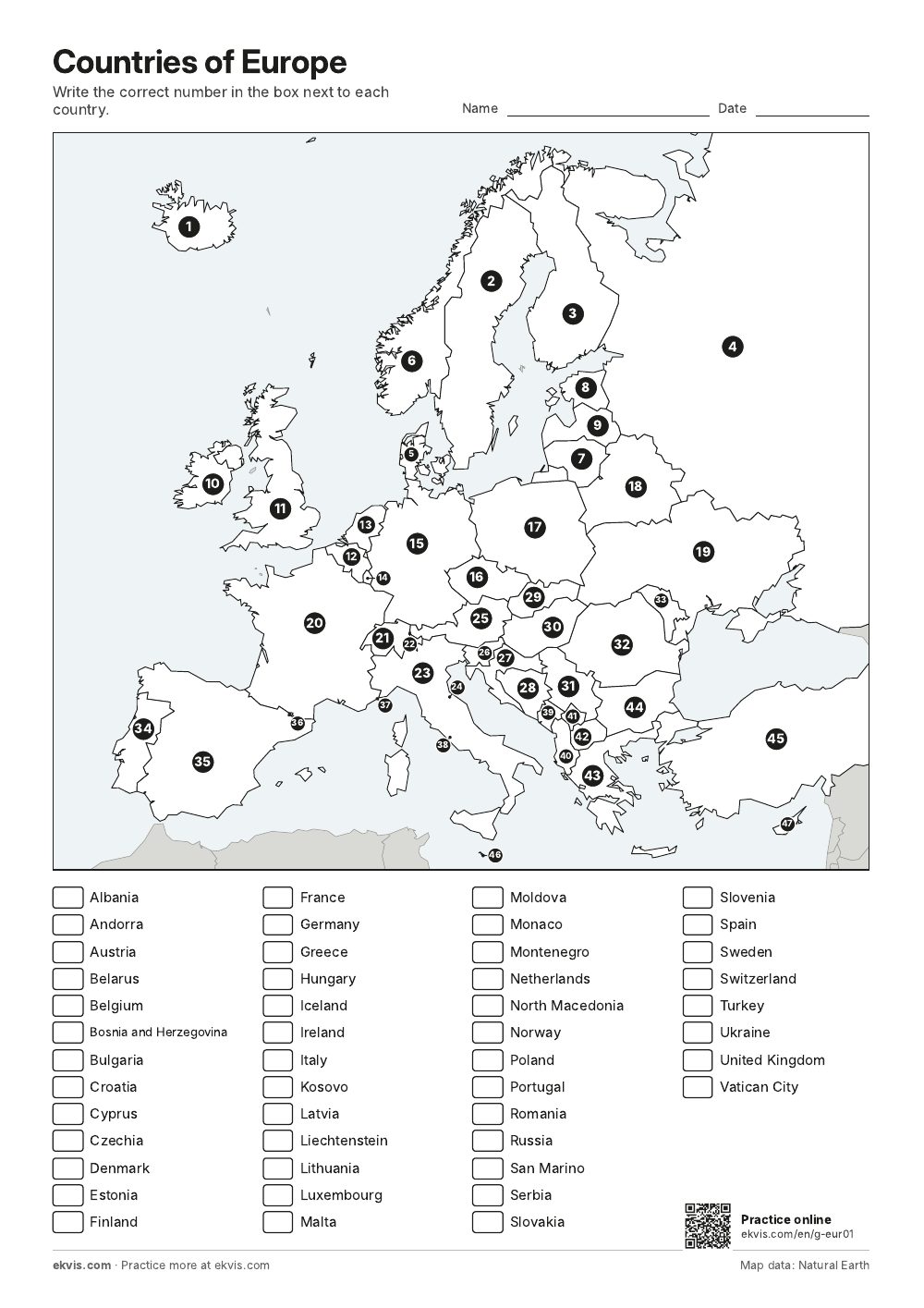 Map of Europe with numbered countries and a list of country names to match
