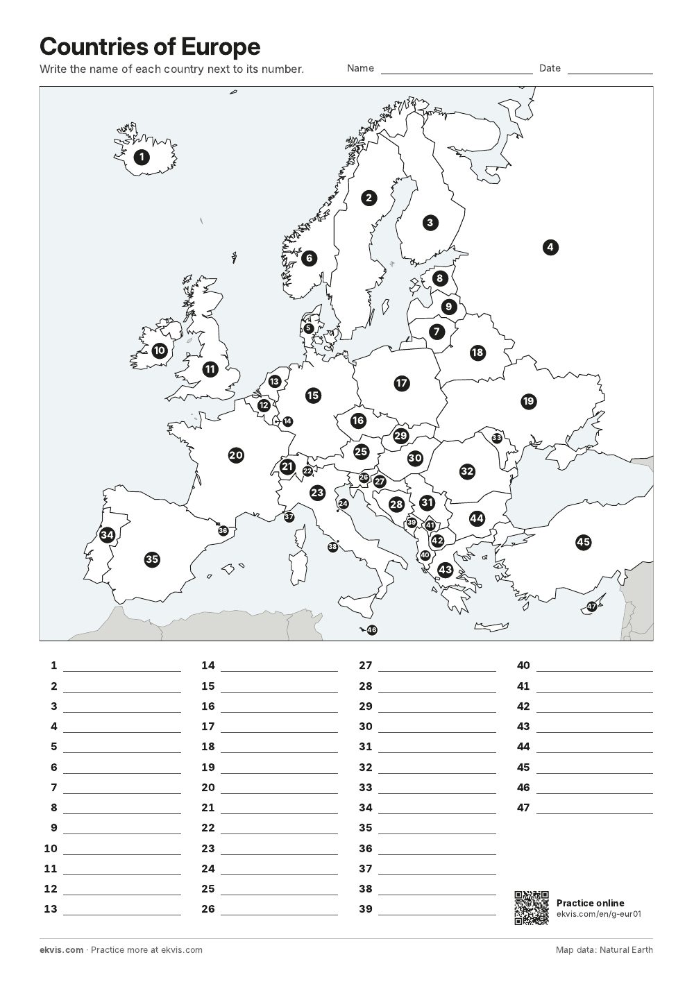 Map of Europe with numbered countries and lines for writing the names
