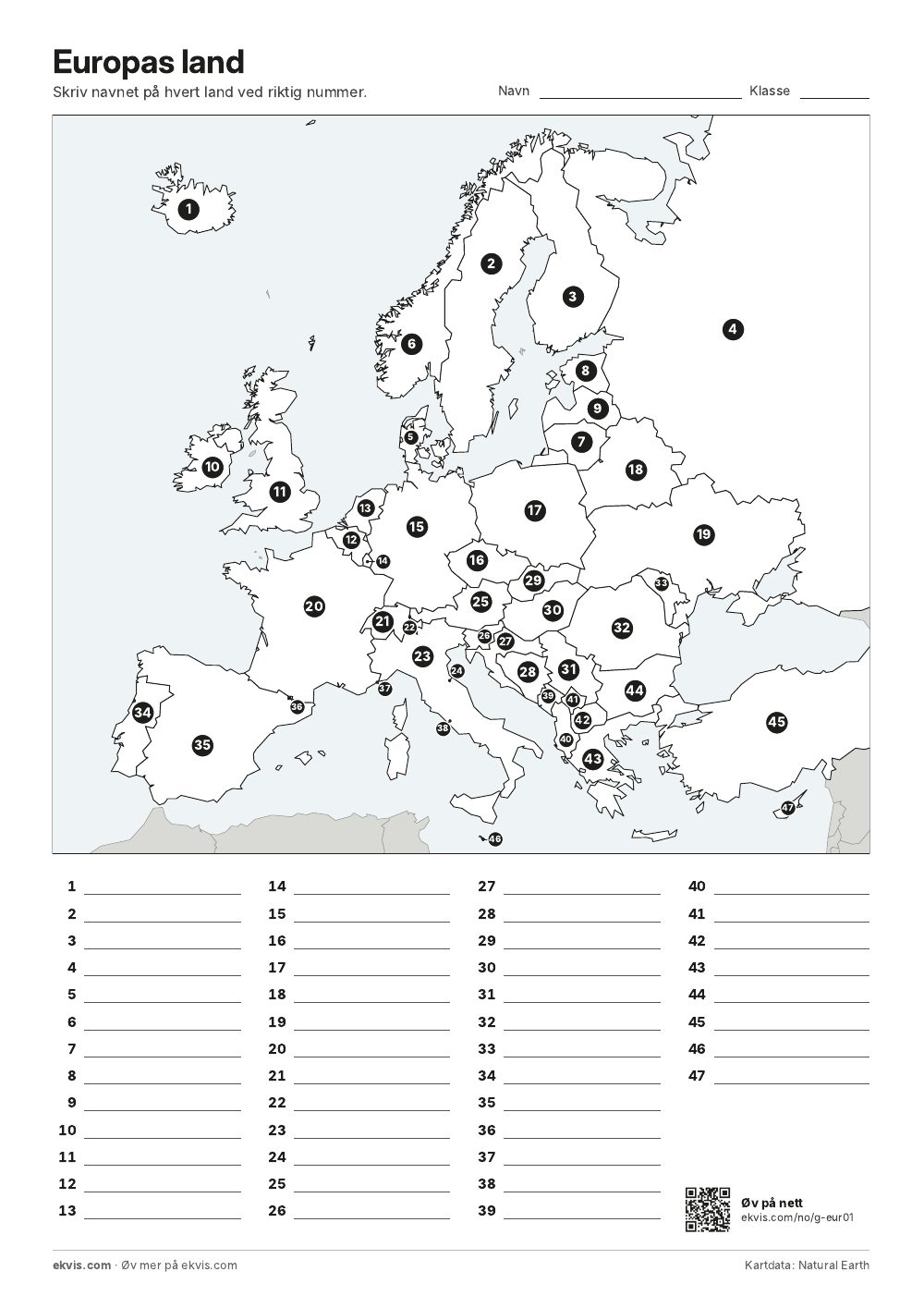 Kart over Europa med nummererte land og linjer for å skrive navnene