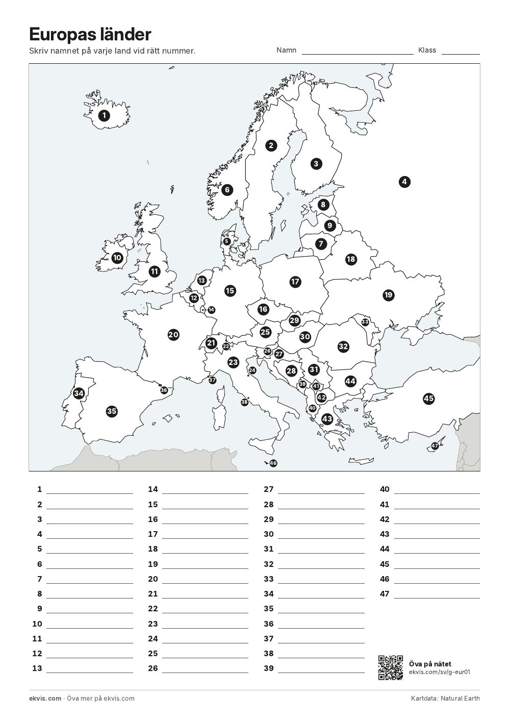 Karta över Europa med numrerade länder och rader att skriva namnen på