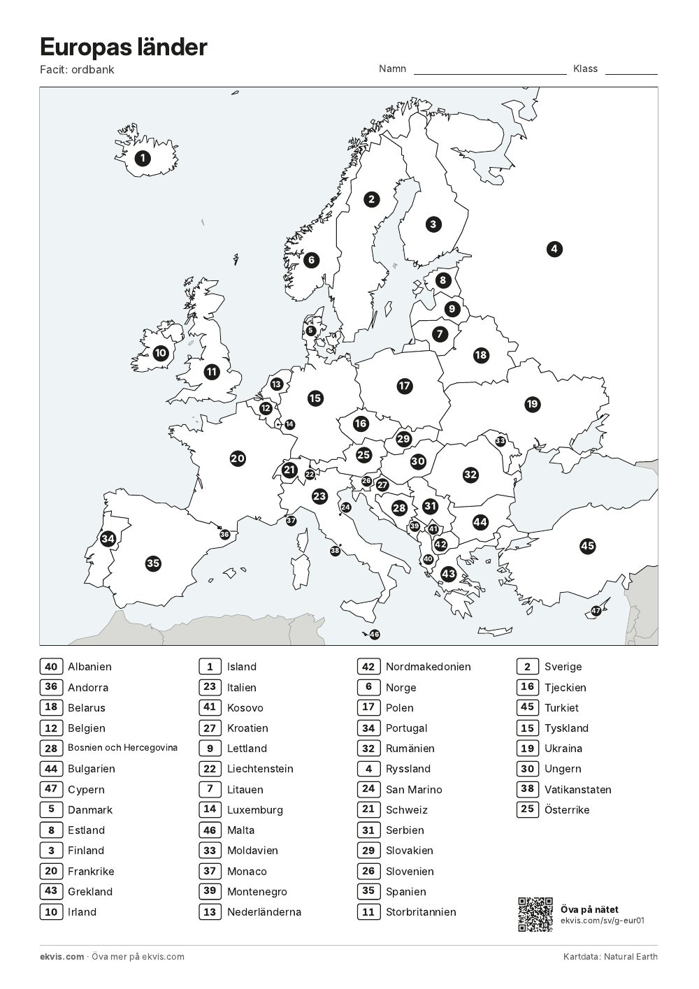 Facit till ordbanken, med numren ifyllda i alfabetisk ordning