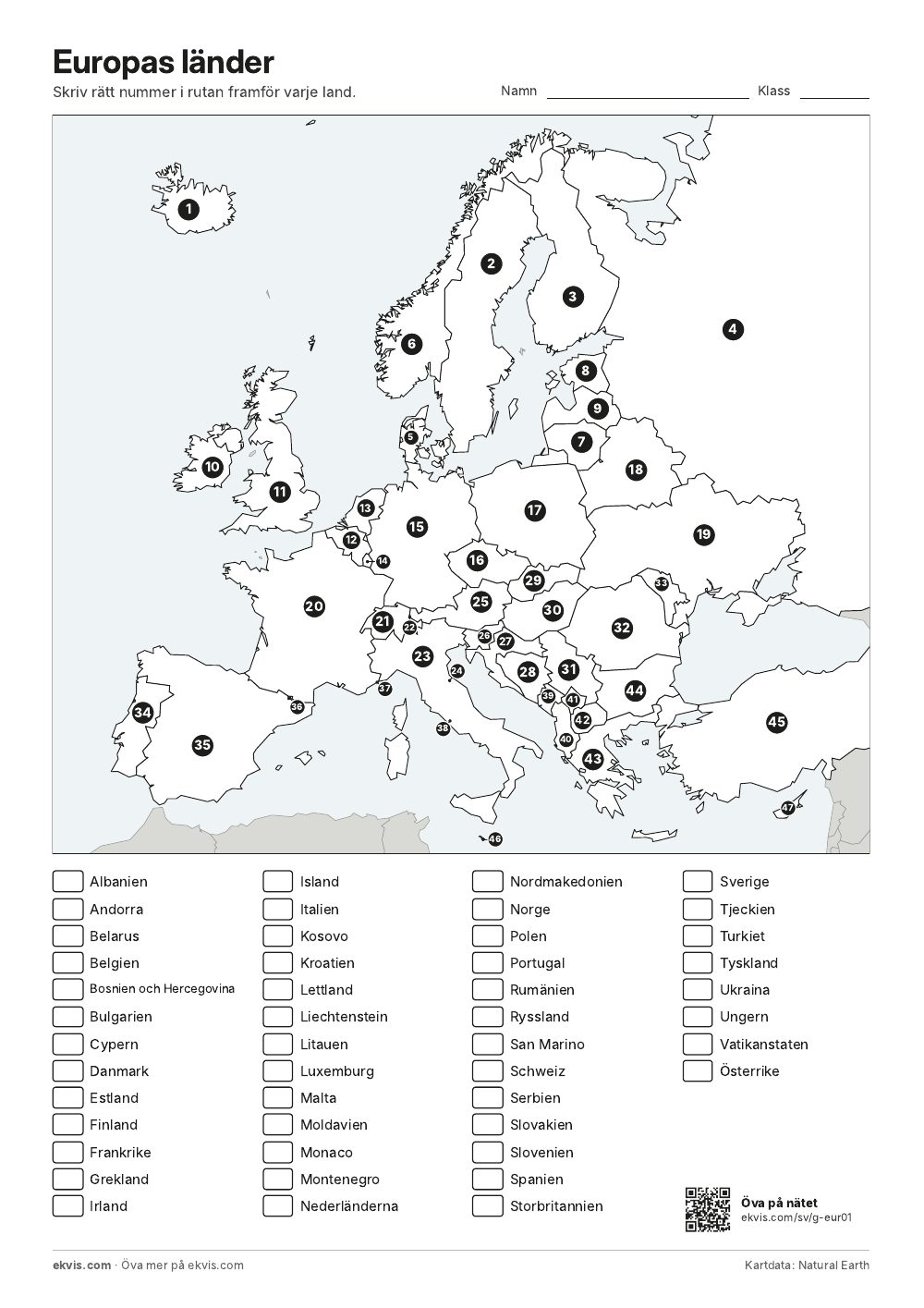 Karta över Europa med numrerade länder och en lista med landnamn att para ihop