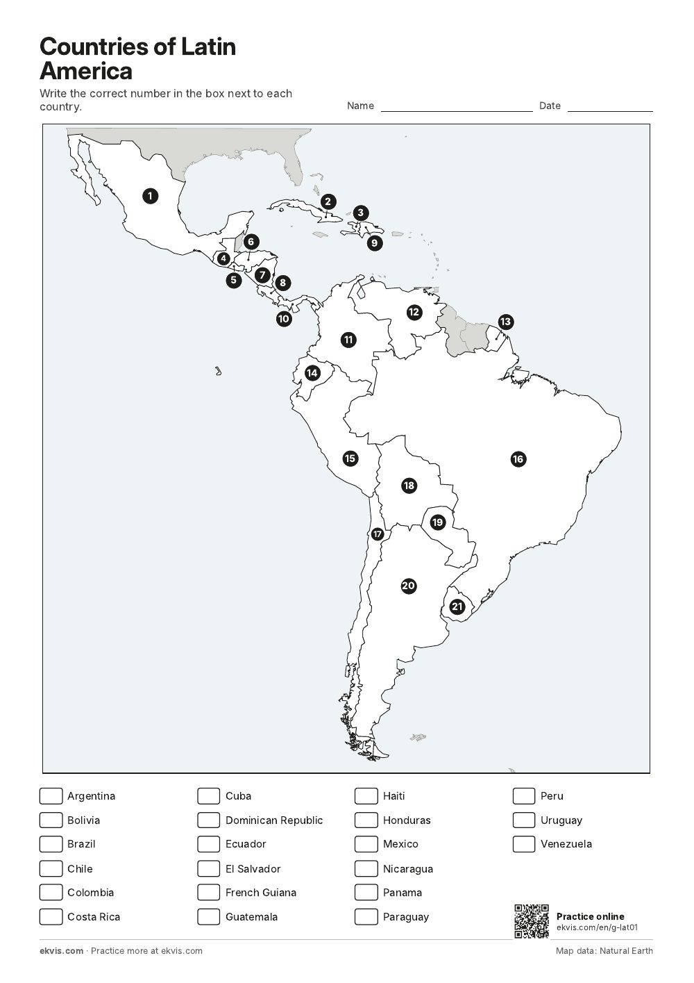 Map of Latin America with numbered countries and a list of country names to match