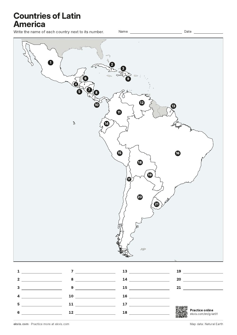 Map of Latin America with numbered countries and lines for writing the names