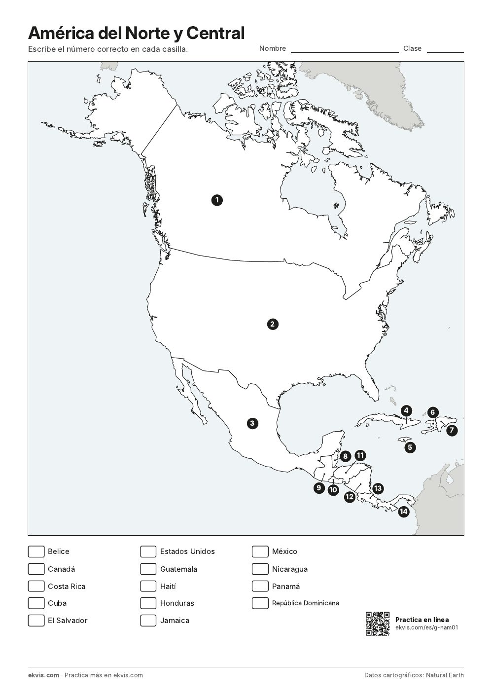 Mapa de América del Norte y Central con los países numerados y una lista de nombres para completar