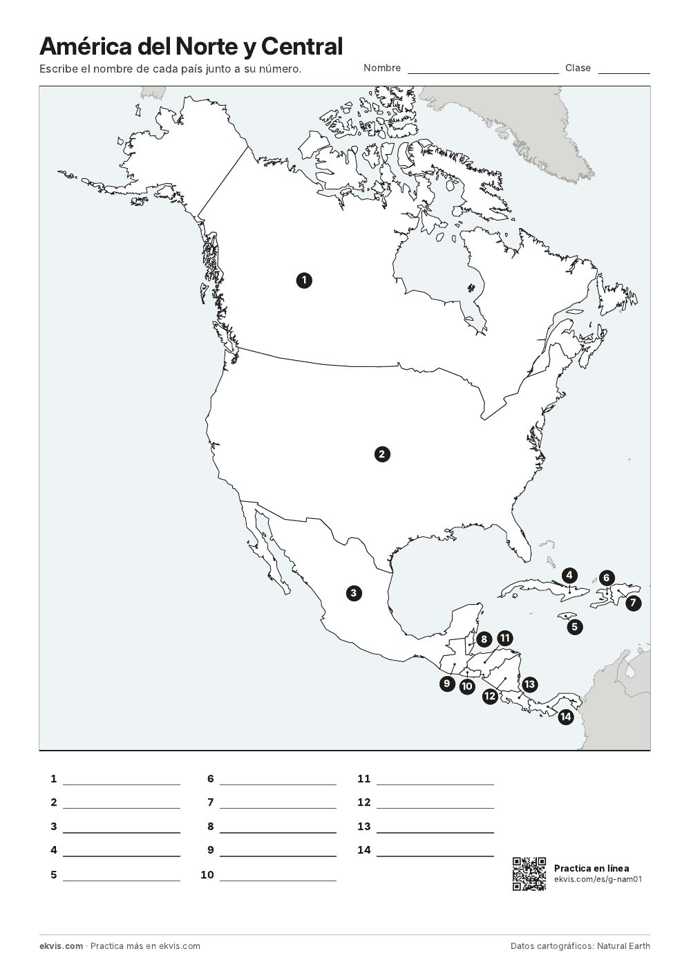 Mapa de América del Norte y Central con los países numerados y líneas para escribir los nombres