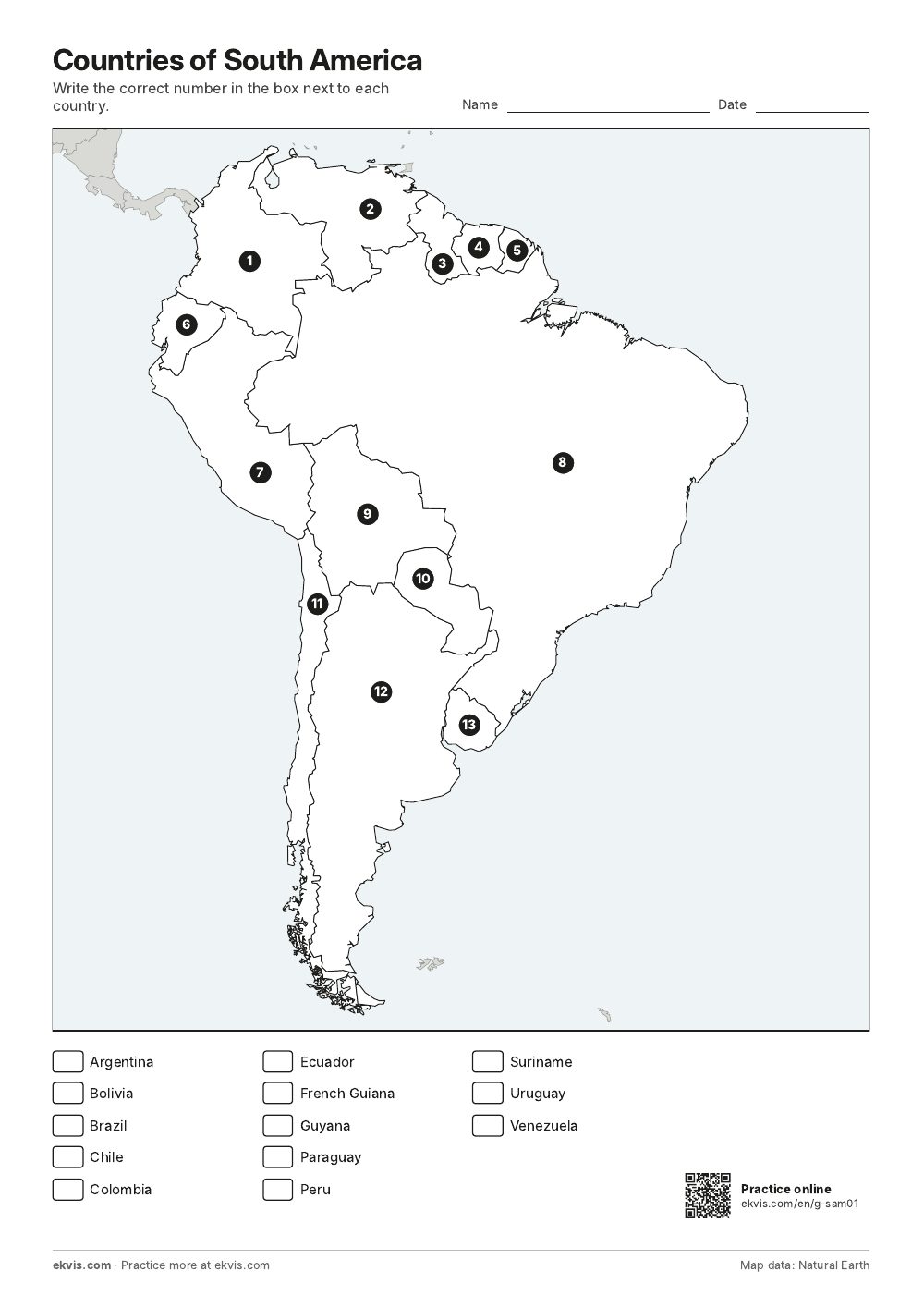 Map of South America with numbered countries and a list of country names to match