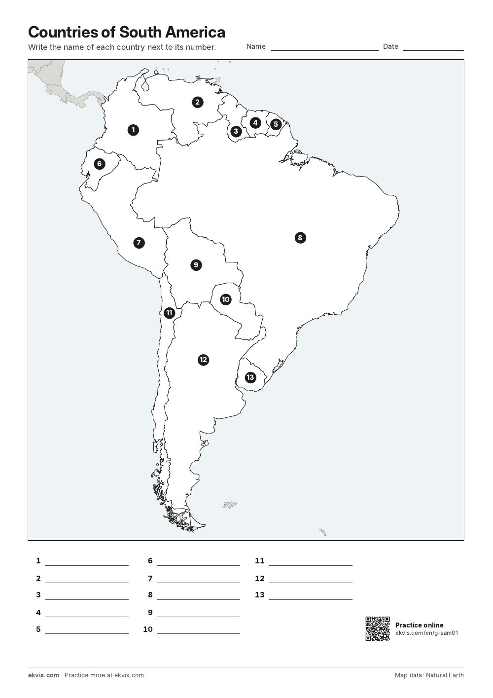 Map of South America with numbered countries and lines for writing the names
