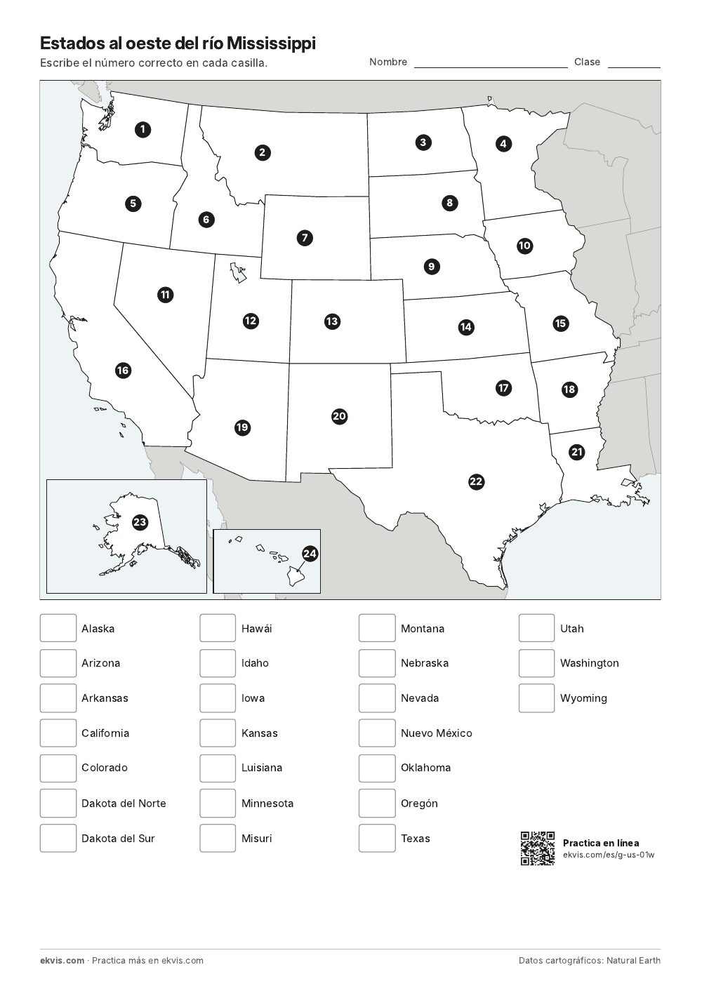 Mapa del oeste de Estados Unidos con los estados numerados y una lista de nombres para completar