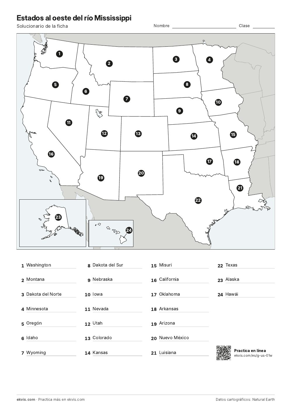 Solucionario de la ficha con los nombres de los estados por número