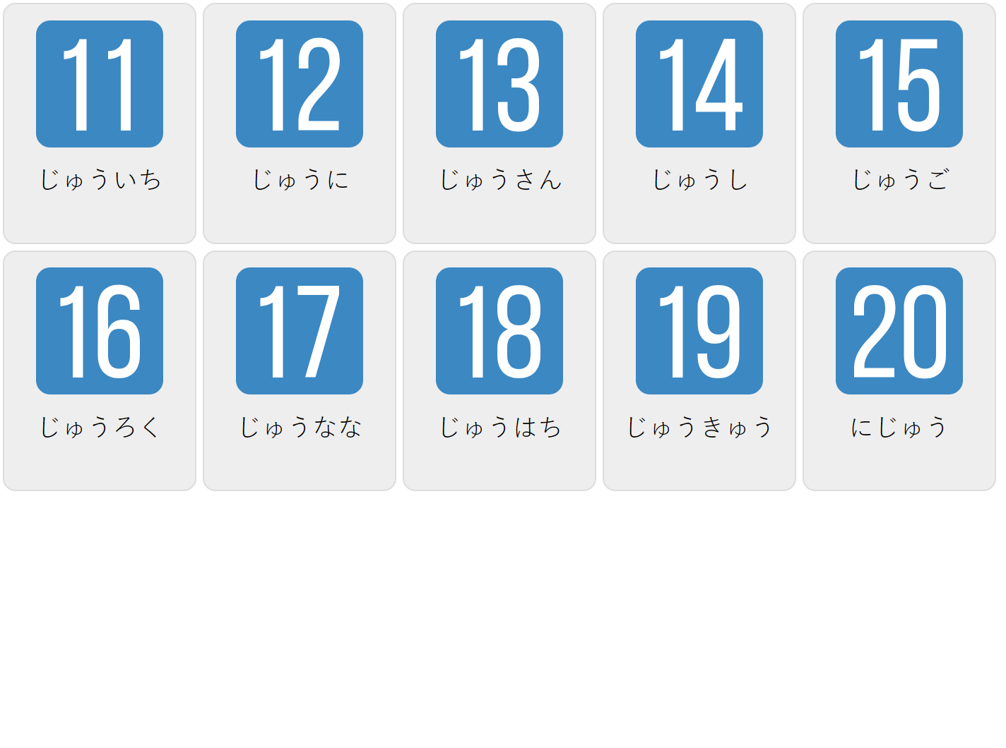 Numbers 11-20 in Japanese