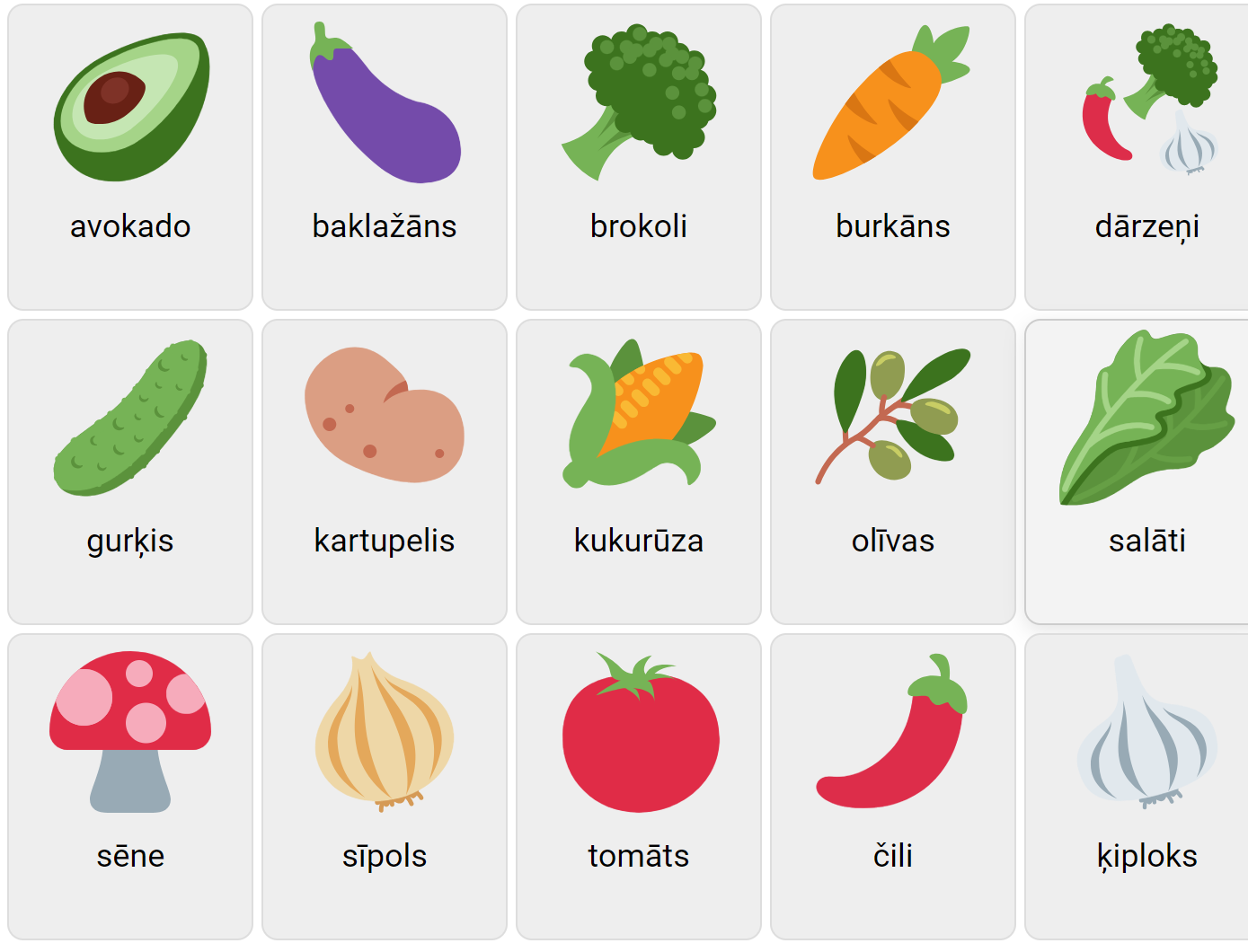 Овощи на латышском языке