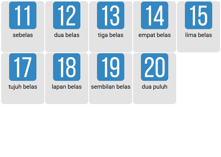 Integer Malay Numbers 11-20 in Malay - Vocabulary Game - Ekvis.com