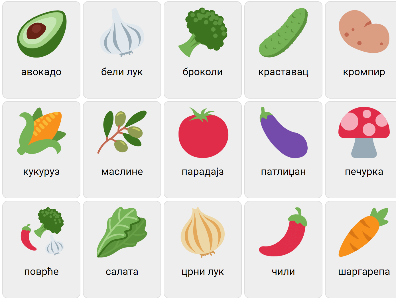 Grönsaker på serbiska